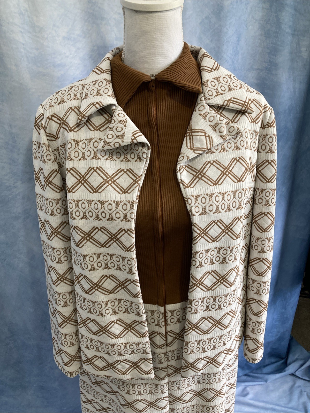 Vtg 70s Mod Geometric Dress & Jacket Set Brown Tan MCM Shift Suit Nemo Zip EUC
