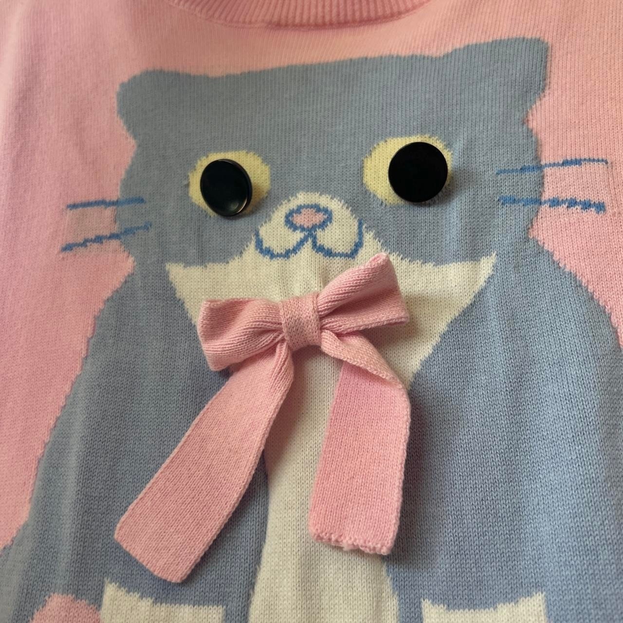 My Violet Pink Cat Knit Sweater Vest XL Blue Kitty Button Eyes Bow Coquette