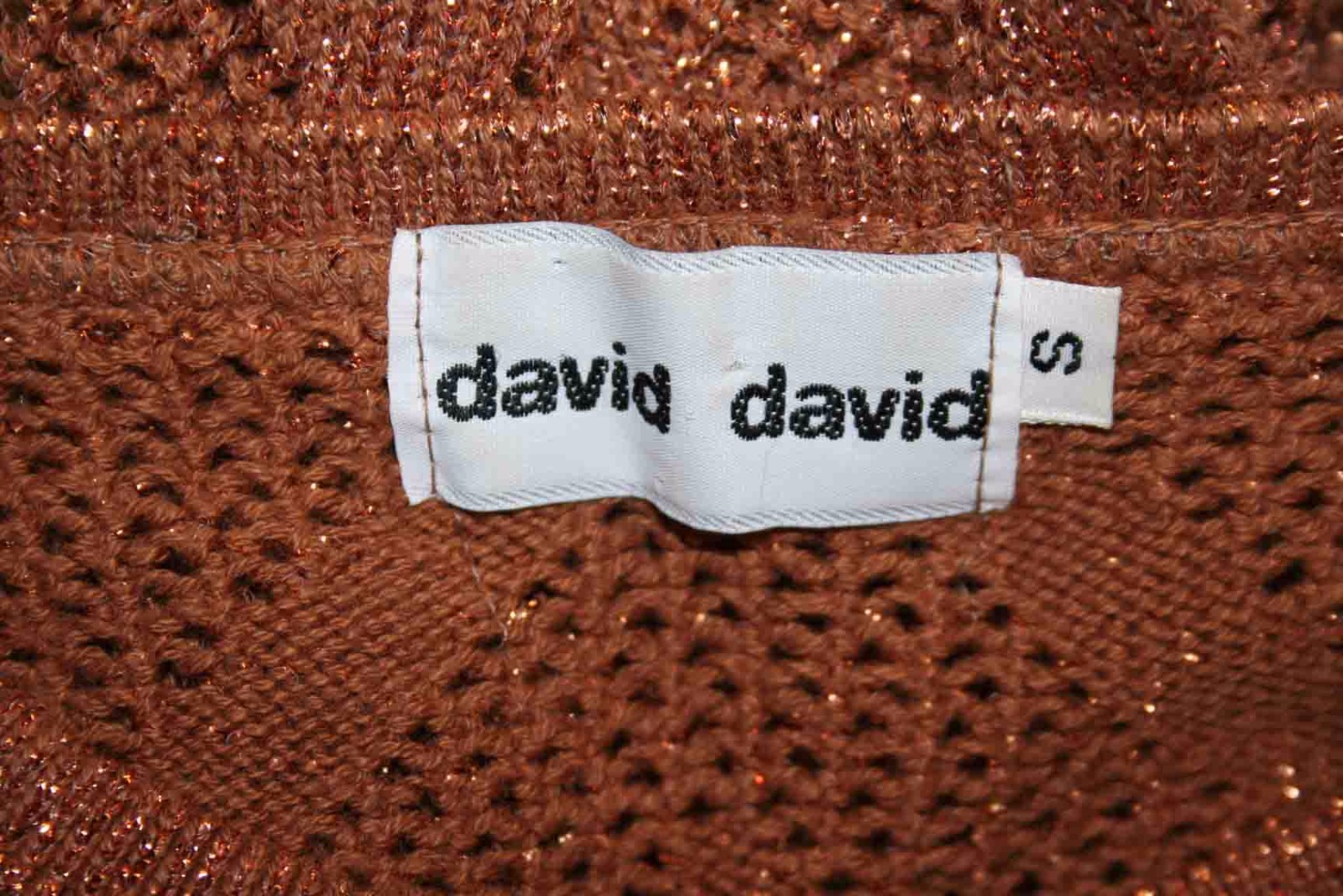 S Vtg 80s Metallic Sweater Copper Geometric Open Knit Cotton David Long Tunic
