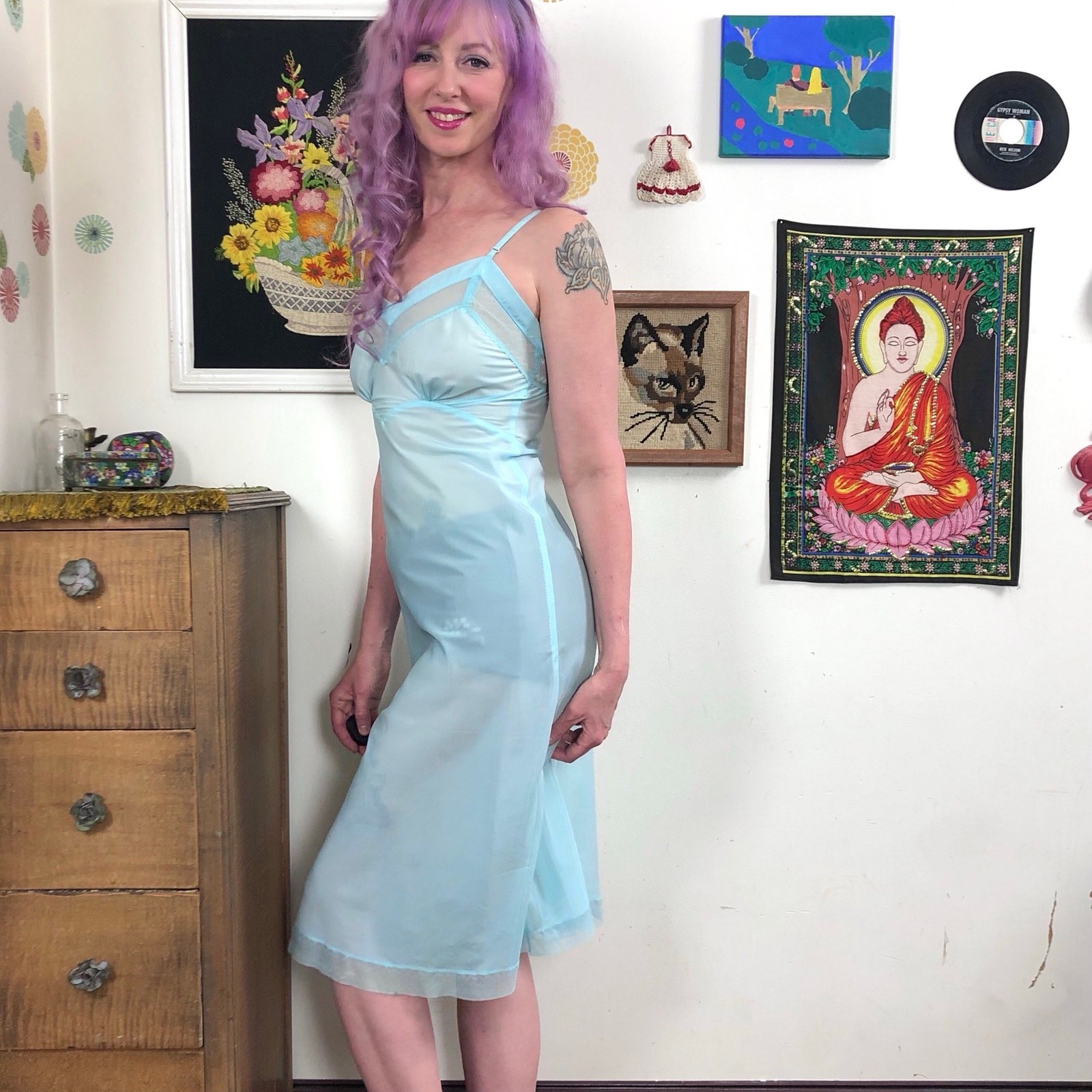 Vintage Aqua Taffeta Slip, 1940s Hand Dyed Swishy Nylon Slip Dress, Sz XS