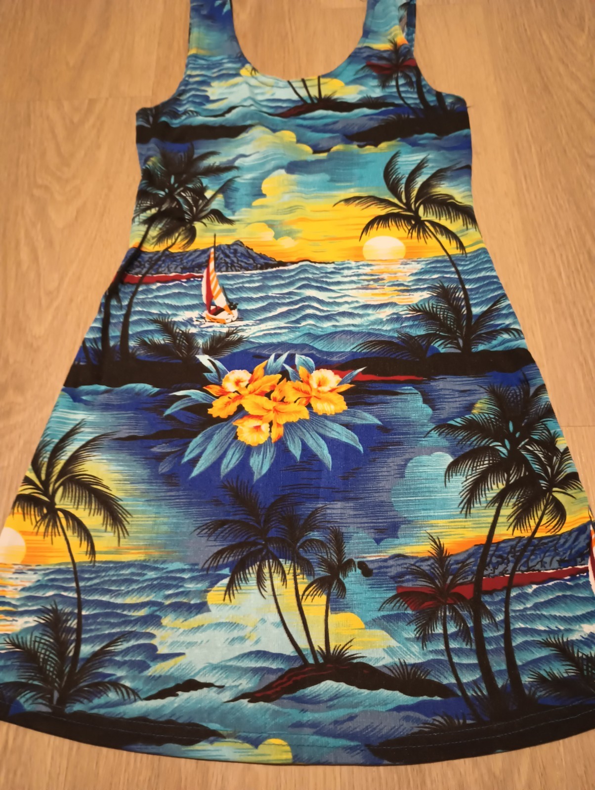 Vtg Tropical Hawaiian Print Stretchy Tank Mini Sun Dress resort swim cover up XS