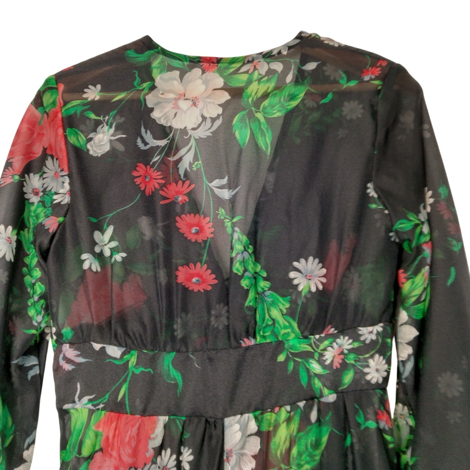 Vintage 1970s Sheer Dress Robe Size 5-6 Black Daisy Floral Hippie Boho