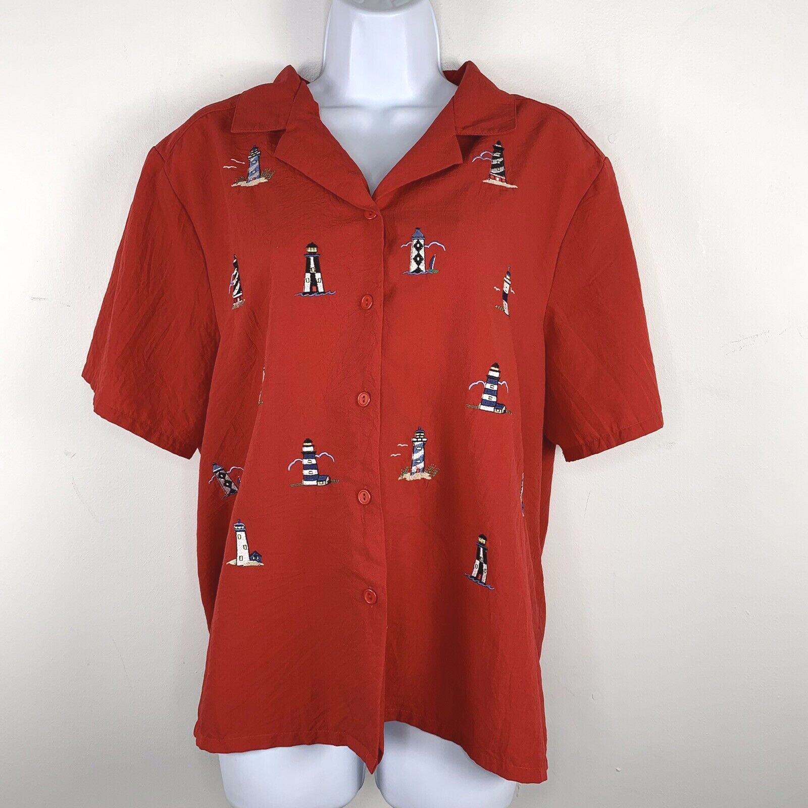 BonWorth Red Lighthouse Shirt Sz L Short Sleeve Button Front Coastal VINTAGE
