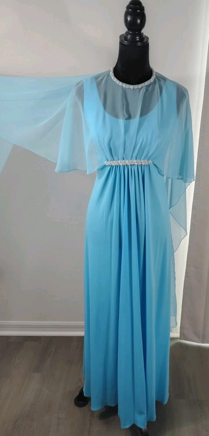 Vintage 70s Blue Chiffon Capelet Maxi Dress Rhinestone Empire Waist Goddess…