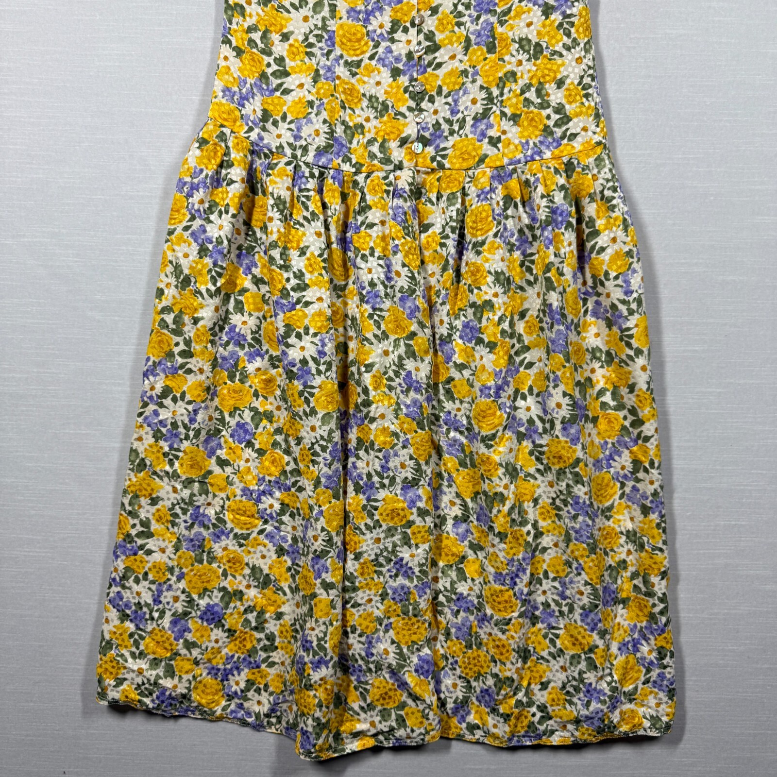 Vintage Maggy London Dress Womens 6 Yellow Button Up Pleated Romantic 80s Silk