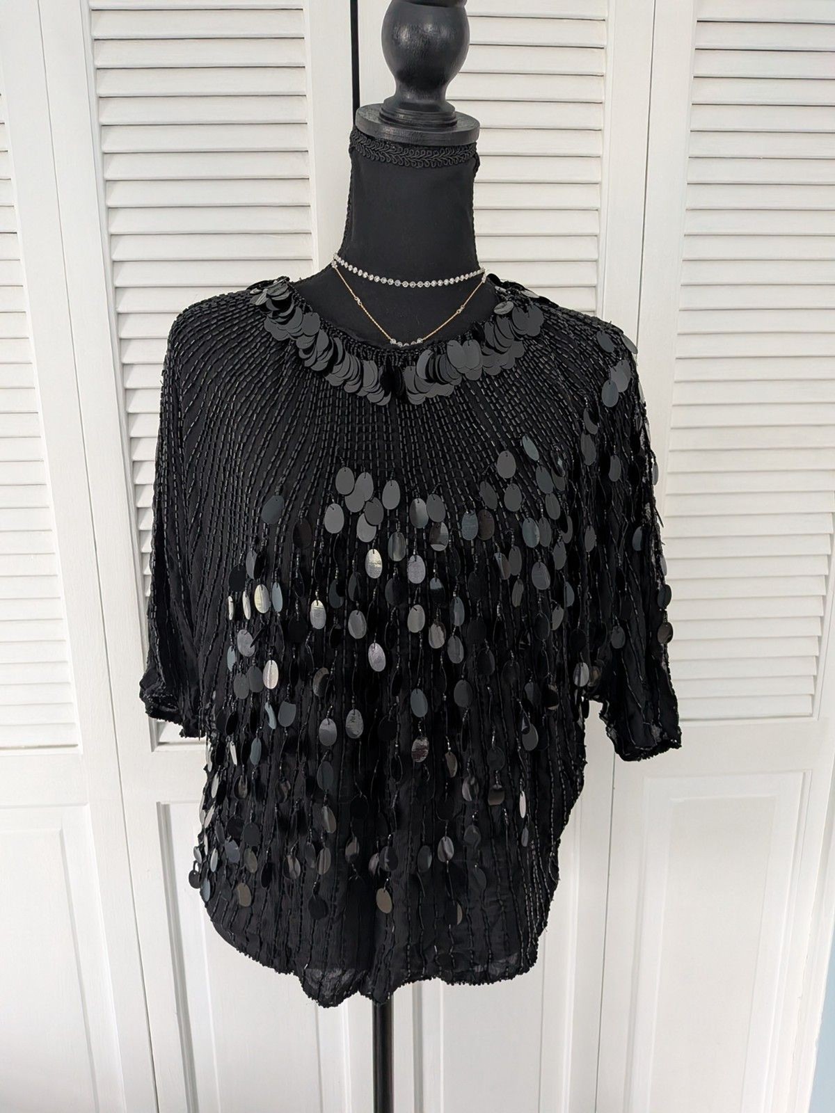 Vintage Ann Katrine Evening Top Women&rsquo;s S Silk Beaded Sequin Formal Black Tie