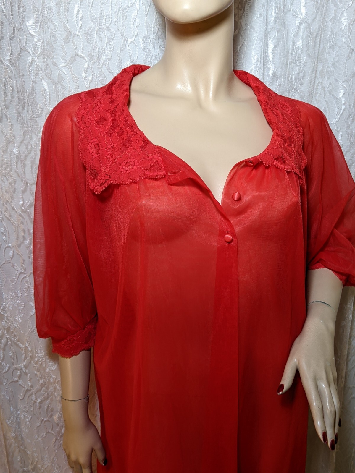 Vintage TEXSHEEN Red DOUBLE CHIFFON Lingerie Dress Satin Buttons Peignoir Robe M