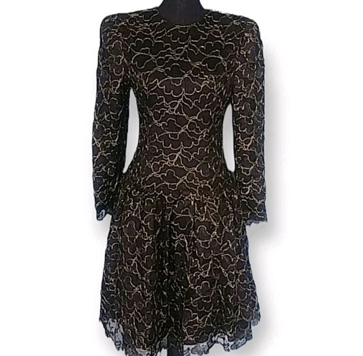 Vintage Maggy London Black And Gold Lace Dress