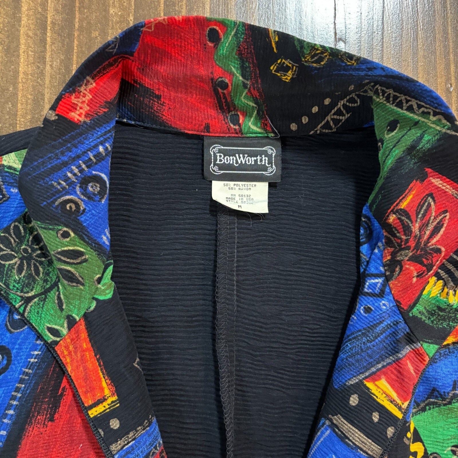 Vintage BonWorth Zip Up Jacket Black Abstract Multi Color Textured Knit USA M