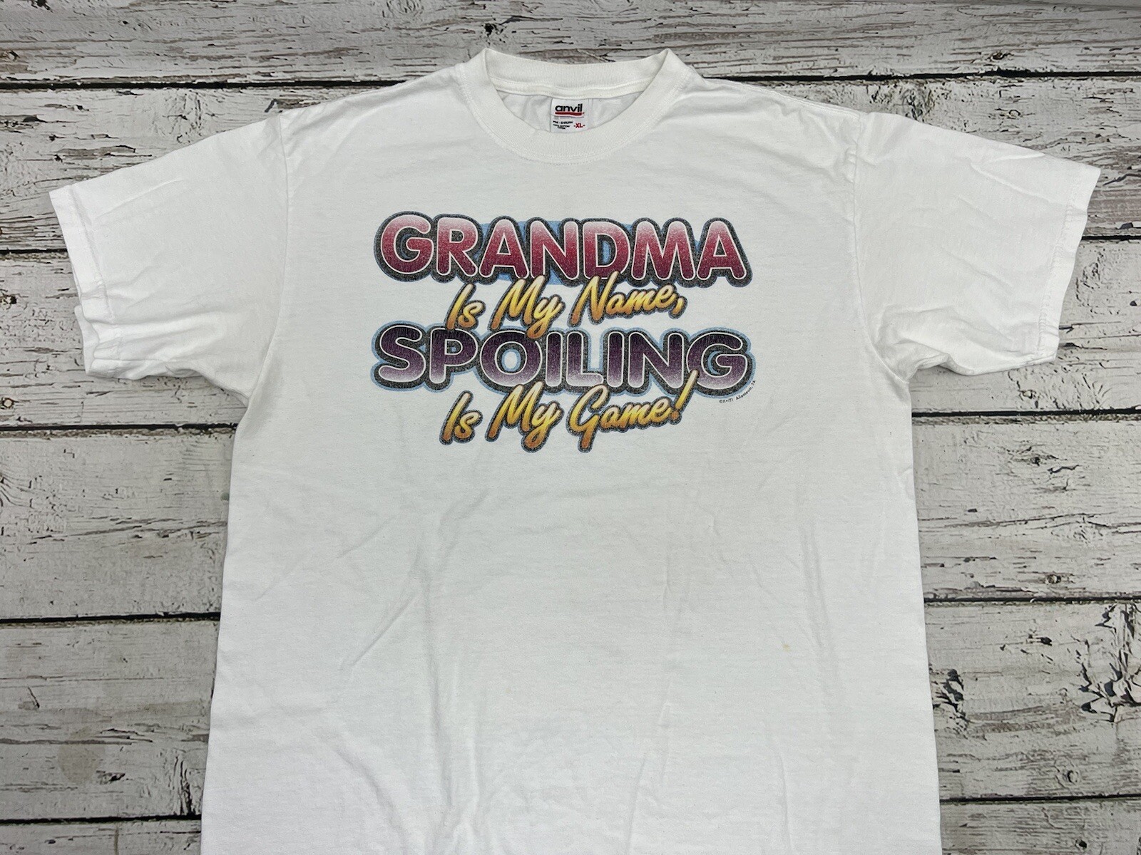 VTG Grandma Is My Name Spoiling Is My Game Women&rsquo;s White Anvil T-Shirt – Sz XL