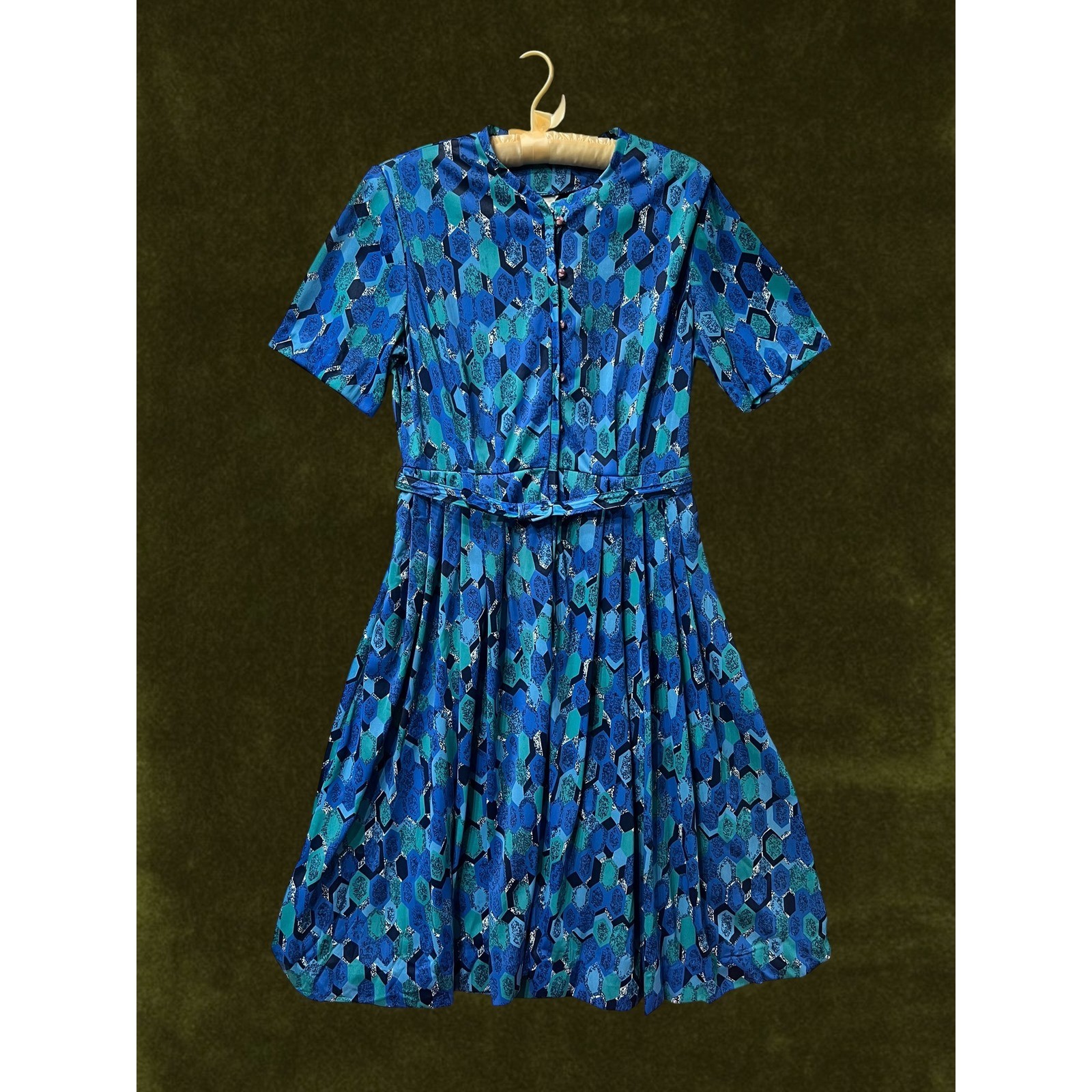 Vintage 60s Penney&rsquo;s Fashion Blue Geometric Dress Belted Pockets Union Made