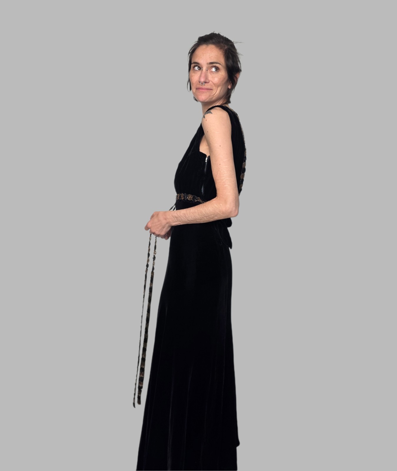 Authentic 1930s Black Velvet Evening Gown | Sequin Trim & Sash | Old…