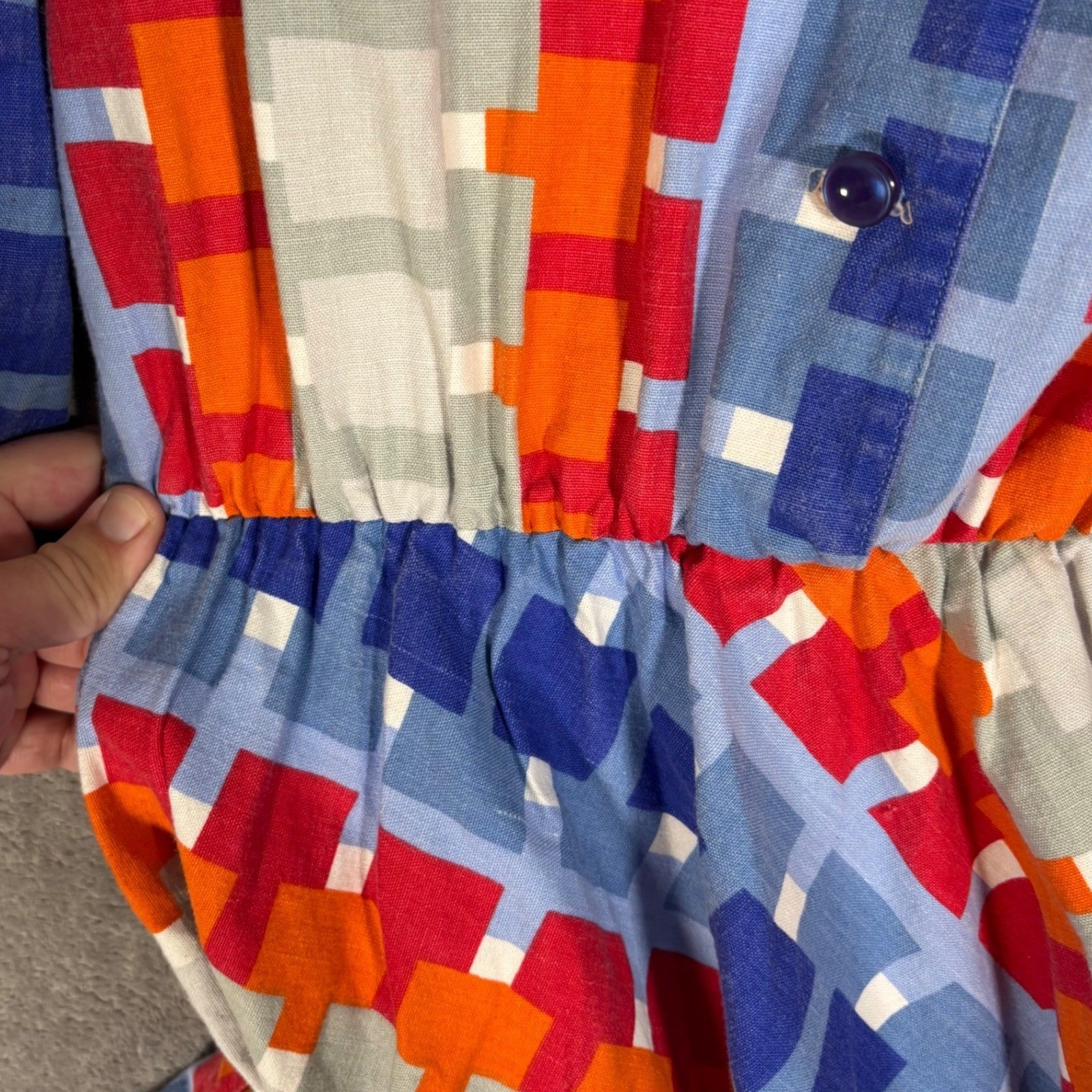 Vintage Geometric Pixel Print Fit & Flare Shirt Dress Multicolor 70s Style MCM