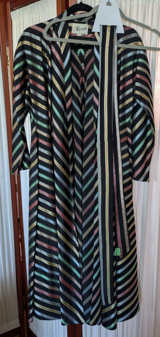 Vtg 1940s MAXAN Ribbon Stripe Multi-Colored Taffeta Hostess Dress Wrap Belt ~ S
