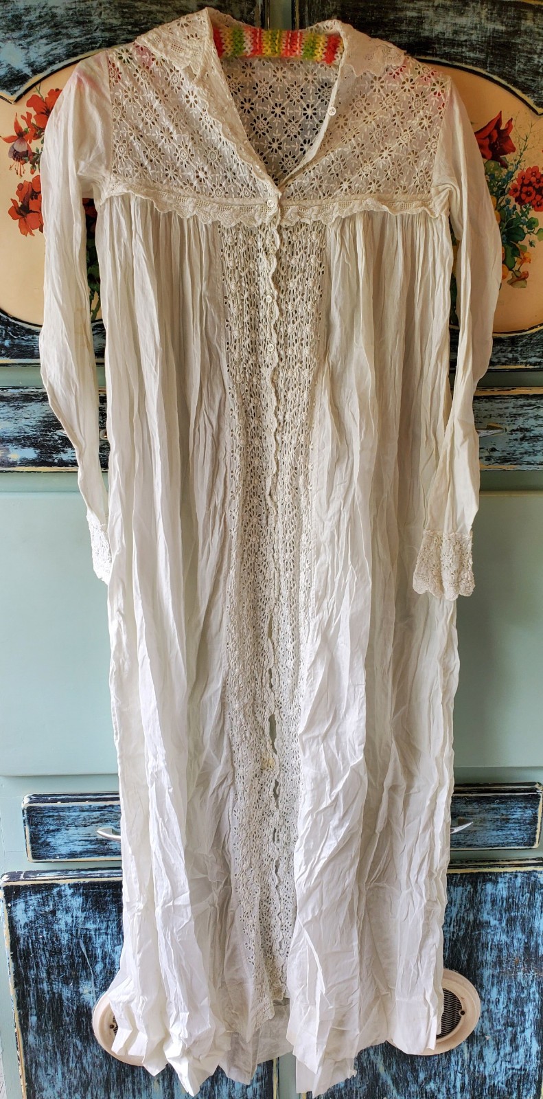 Antique Long Cotton Nightgown w/ Fancy Eyelet Bodice & Front Panel – XS/S