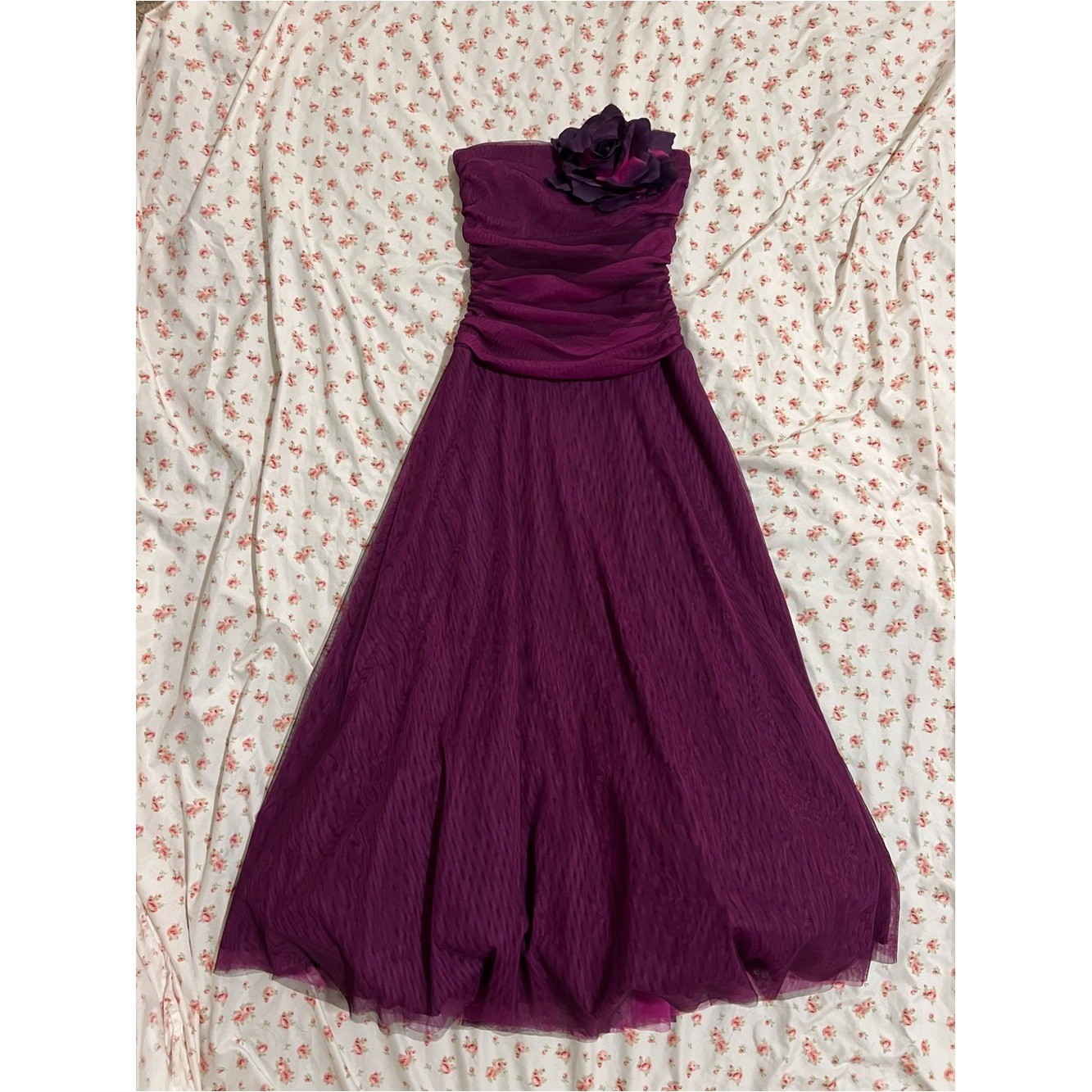 vintage pink/purple gothic fairy strapless prom dress with big flower detail