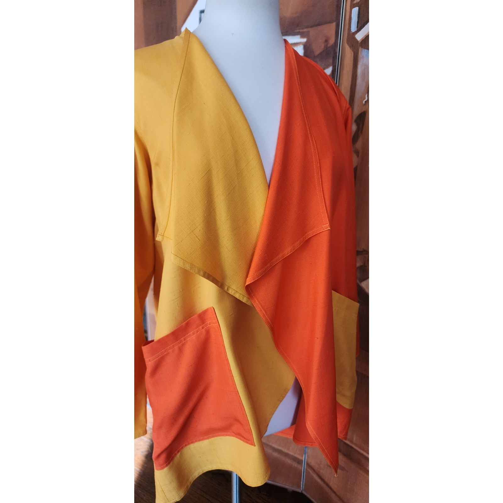 VTG 90s Duster Jacket Silk Yellow Orange Colorblock Blazer Victoria March