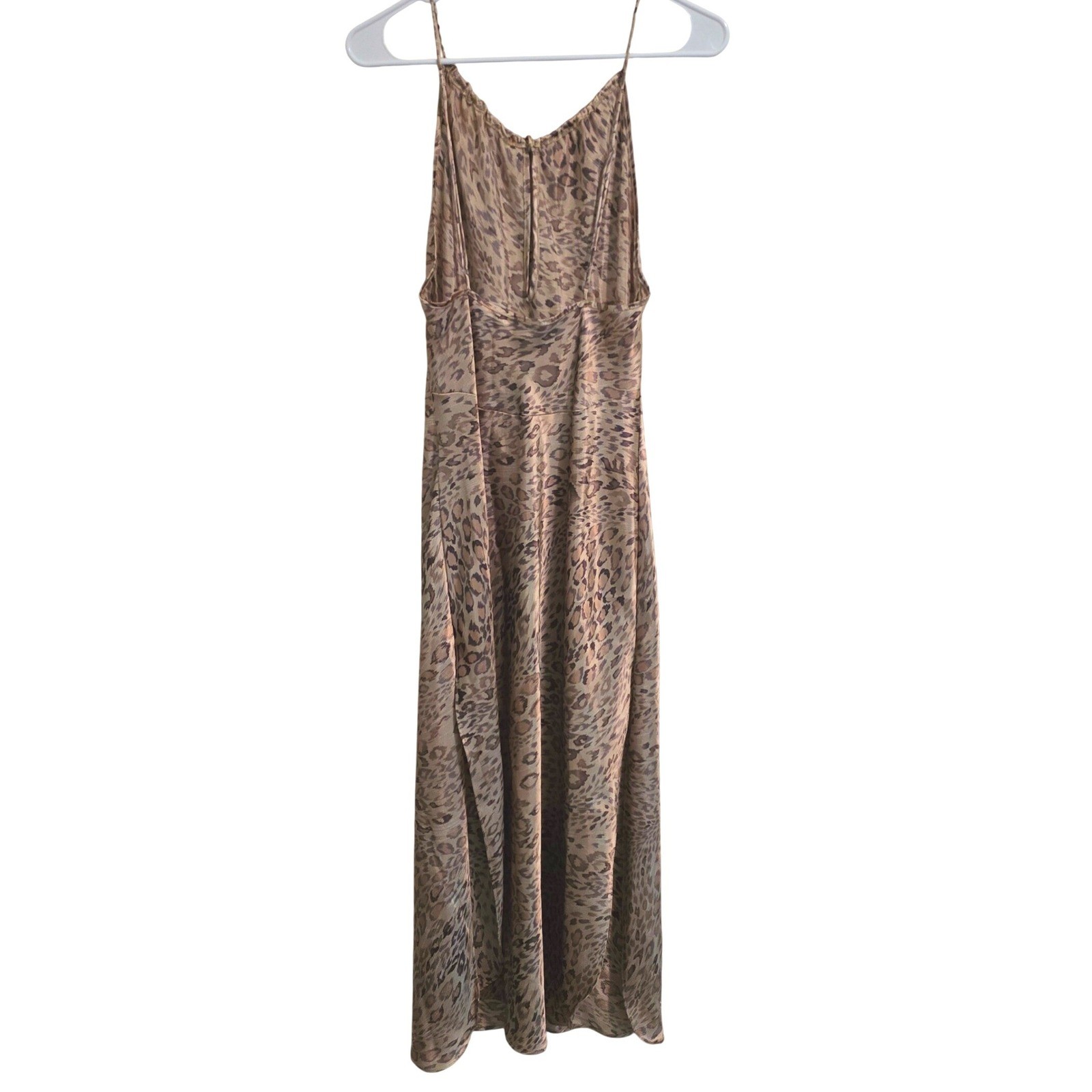 Vintage 90s Delicates Satin Leopard Print Maxi Slip Dress High Neck Side Slits