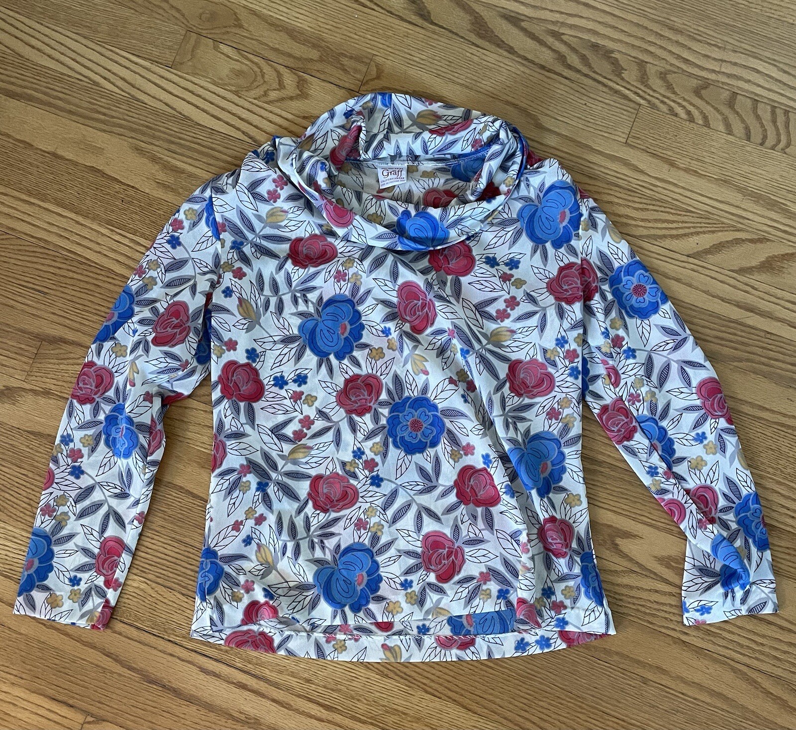 Vintage 70s Graff California Wear Sheer Blue Floral Medium Long Sleeve Shirt