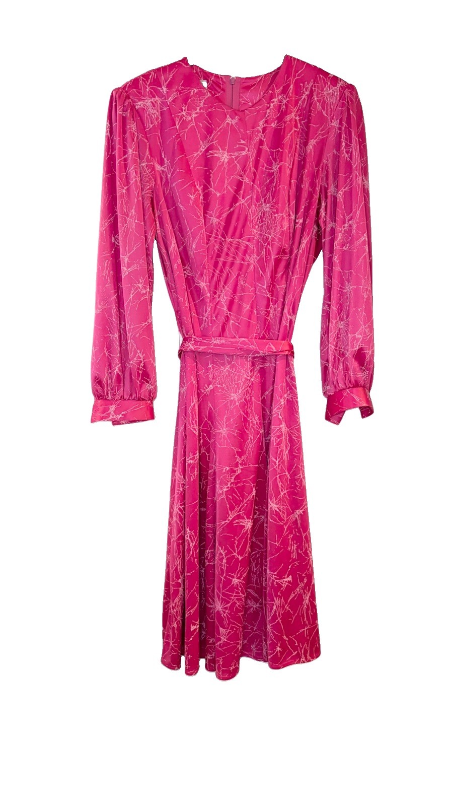 Vtg 70s 80s California Looks Belted Pink Abstract Dress Lightweight Long Sleeve