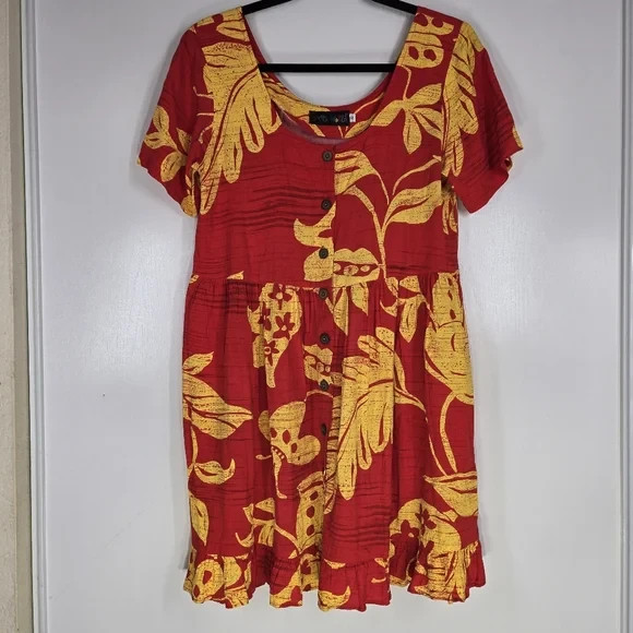 VTG Jams World Dress Womens Sz Small Red Yellow Floral Hawaiian Aloha Boho Art