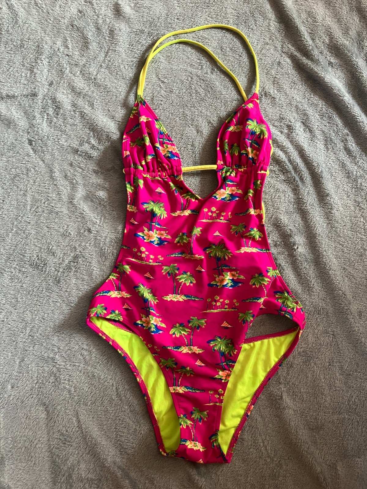 Vtg y2k Hollister Monokini One Piece Swimsuit Pink Yellow Tropical Festival Sz M
