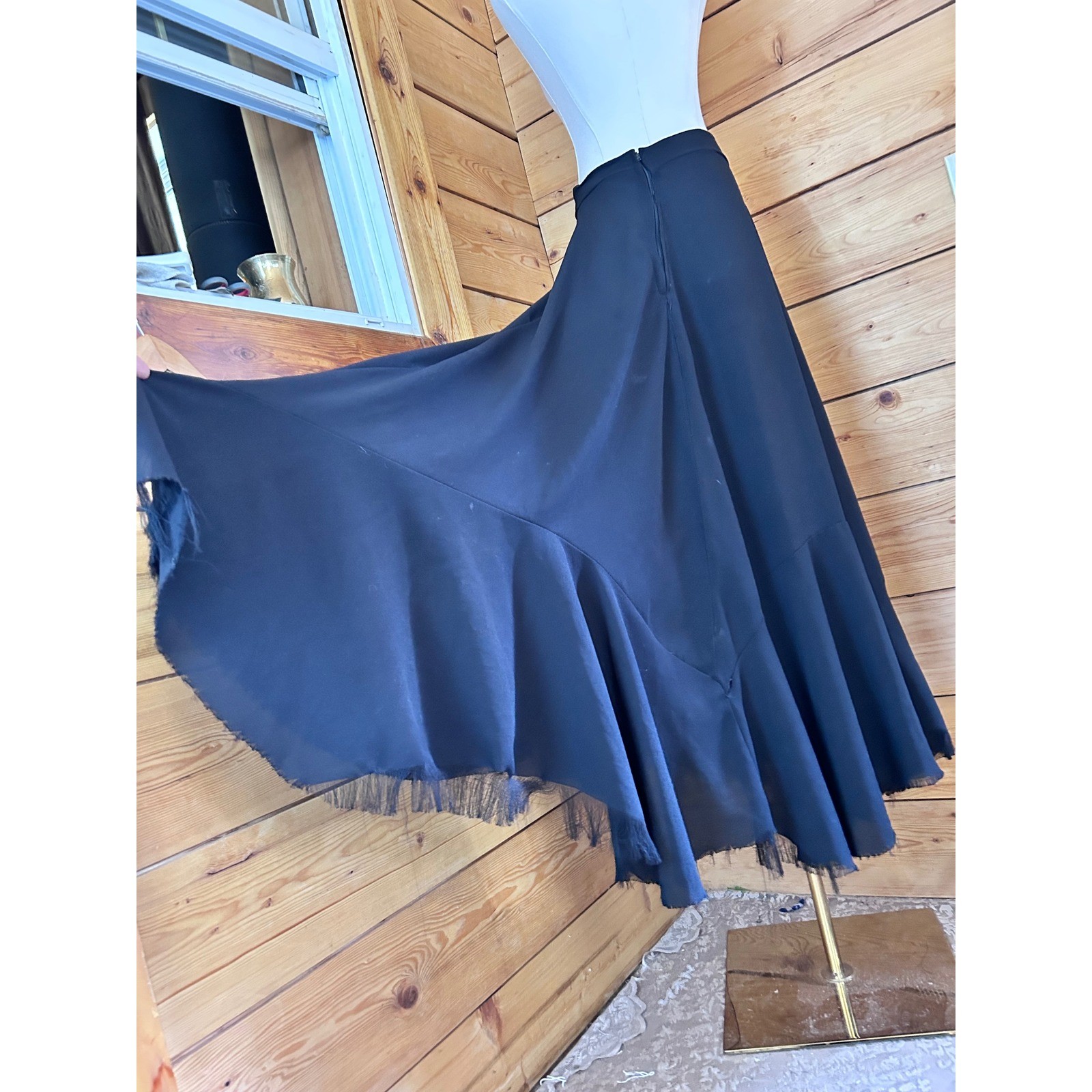 Vintage Maxi Skirt Women Large Black Trumpet Mermaid Flared Raw Hem Handmade