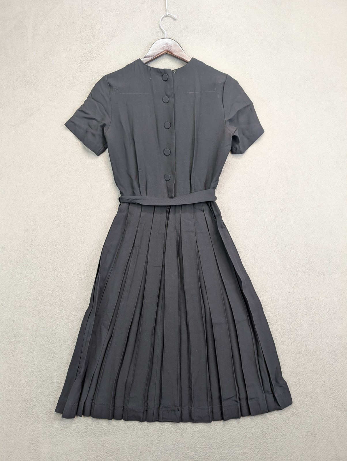Vintage 60s Classic Black Belted Dress w/ Pleated Skirt Sheer Size 6