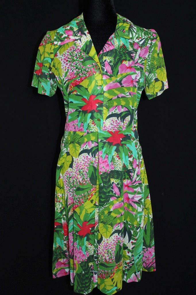 RARE VINTAGE FRENCH 1980&rsquo;S COTTON/POLY VIVID JUNGLE FLORAL PRINT DRESS SIZE 8
