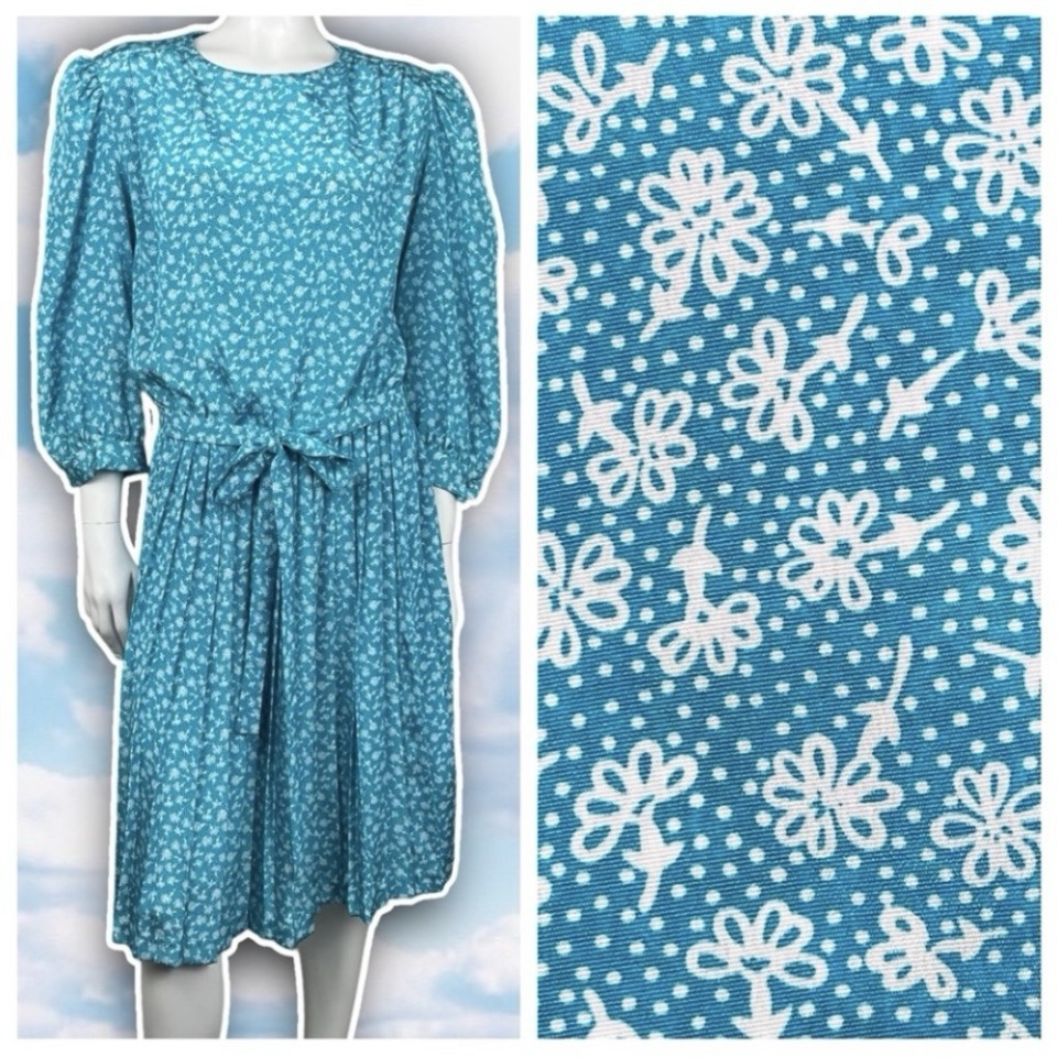 Vintage Lady Carol Petites 80s Floral Tie Waist Pleated Midi Dress Prairie