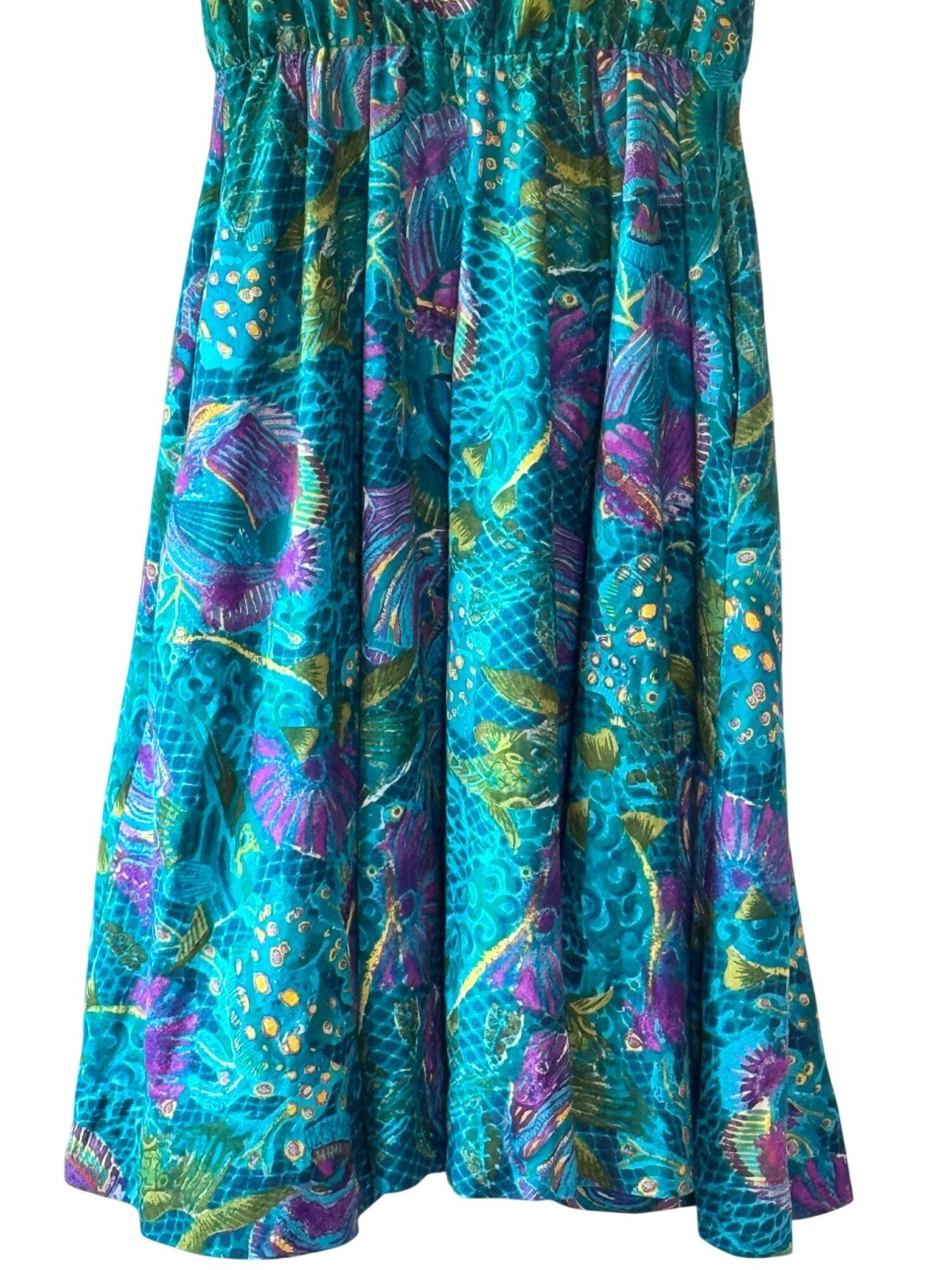 Vintage 80s Melissa Teal Abstract Tropical Print Midi Dress Pockets – Modern Lar