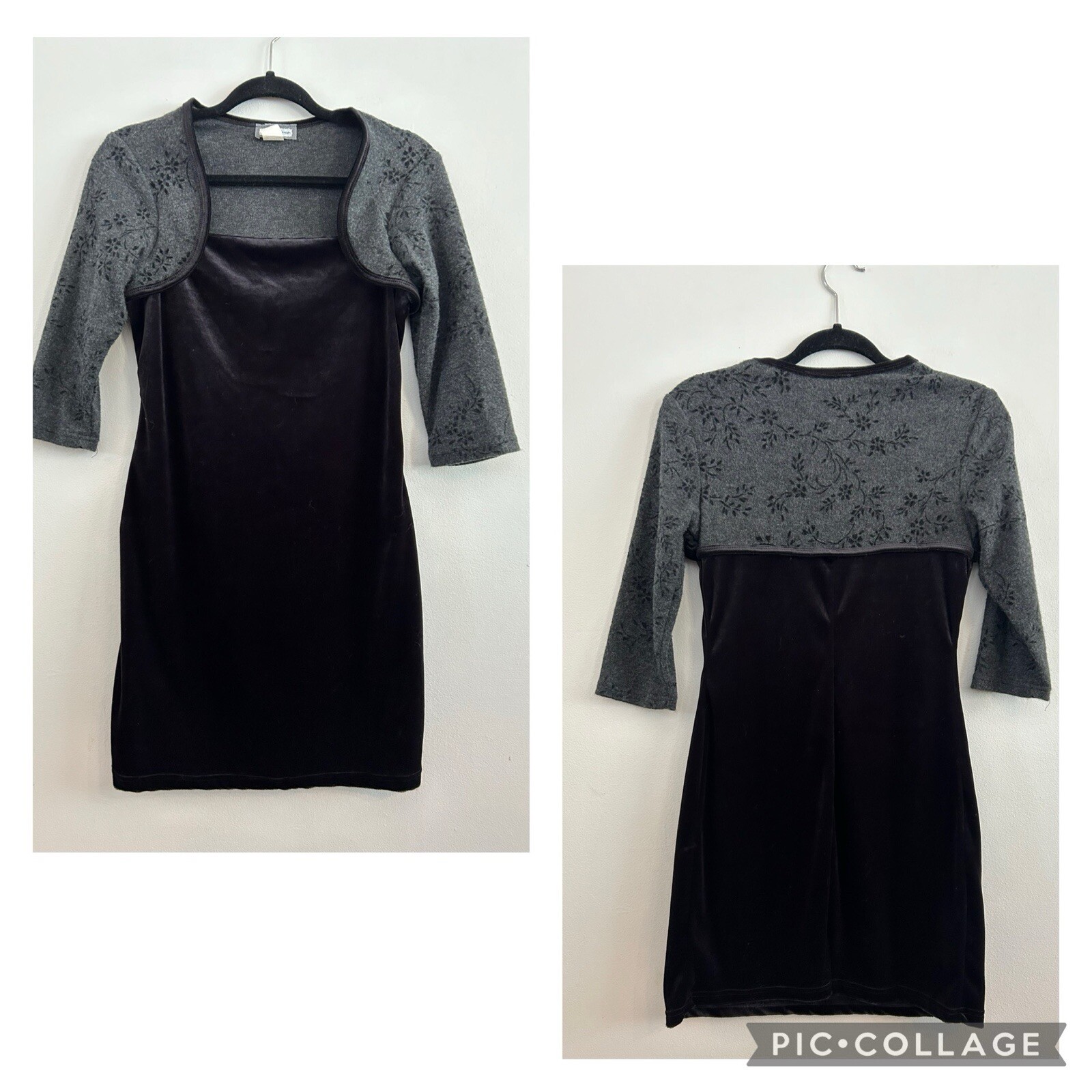 Vintage Y2K Black Stretch Velvet Velour Dress Grey Shrug Bolero Aqua Blues S M