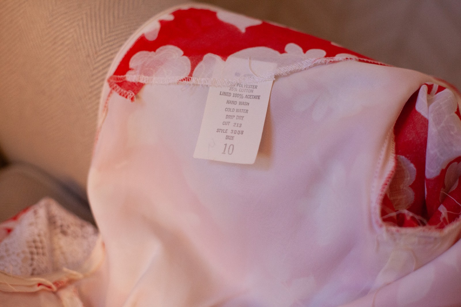 Vintage 70s Unique Full Length Red White Cotton Polyester Lace Dress