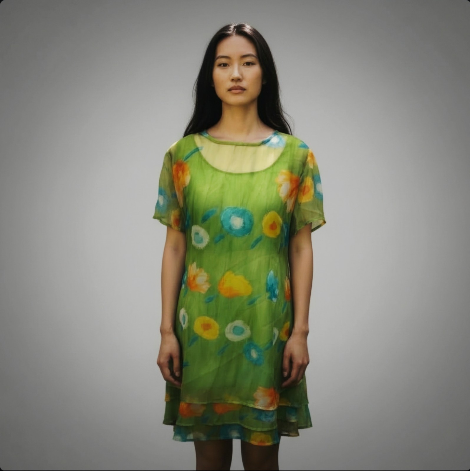 VTG Slip Dress Lime Green Sz M Floral Sheer Overlay 90s Colorful Spring