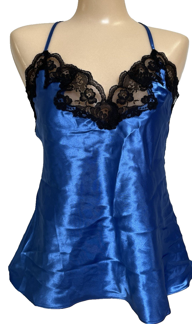 Vtg Large Blue & Black Satin Lace Frederick&rsquo;s Of Hollywood Pajama Top Lingerie