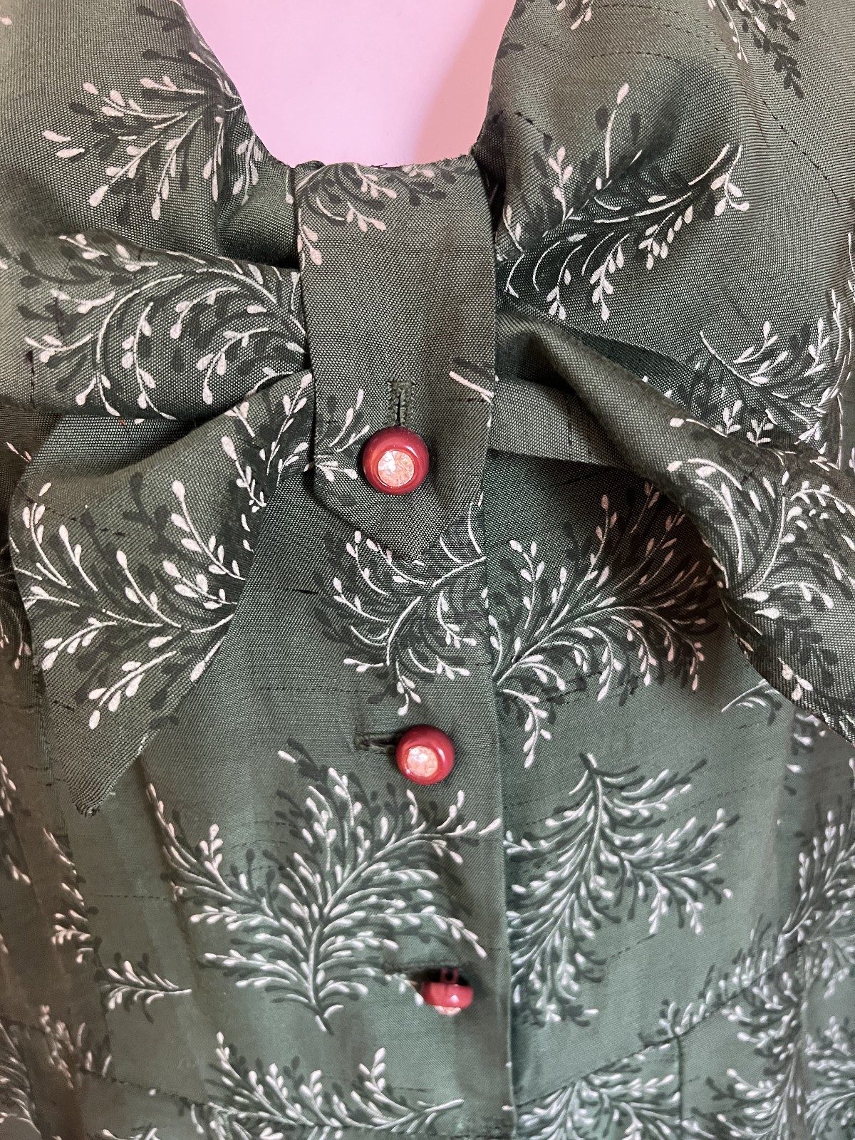 1950s Green Floral Crystal button Vintage Hand-Sewn short sleeve Dress L sz 12