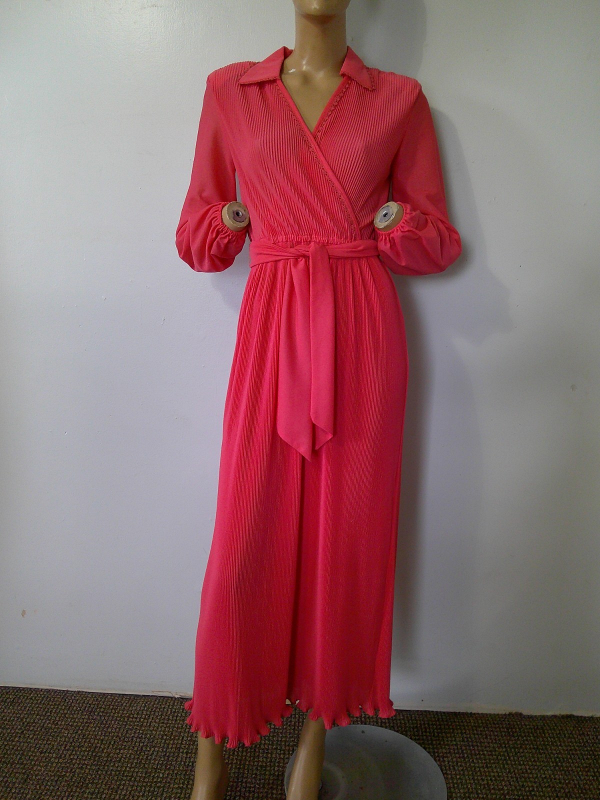 Vtg 70&rsquo;s HAL FERMAN Coral Pink Faux Wrap V-Neck L/S Pencil Pleated Maxi Dress 10