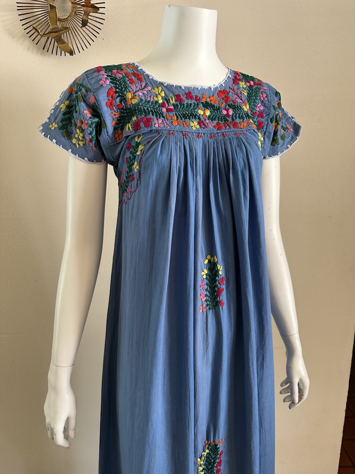 1970s Blue Cotton Oaxacan Mexican Huipil Dress Embroidered Floral Maxi Sz S VTG