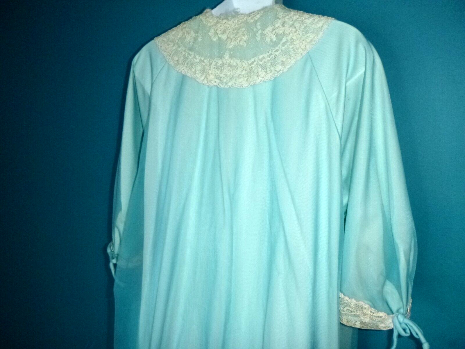 Vtg 50s Odette Barsa 2 Layer Chiffon Over Nylon Robe Turquoise Off White Sz M