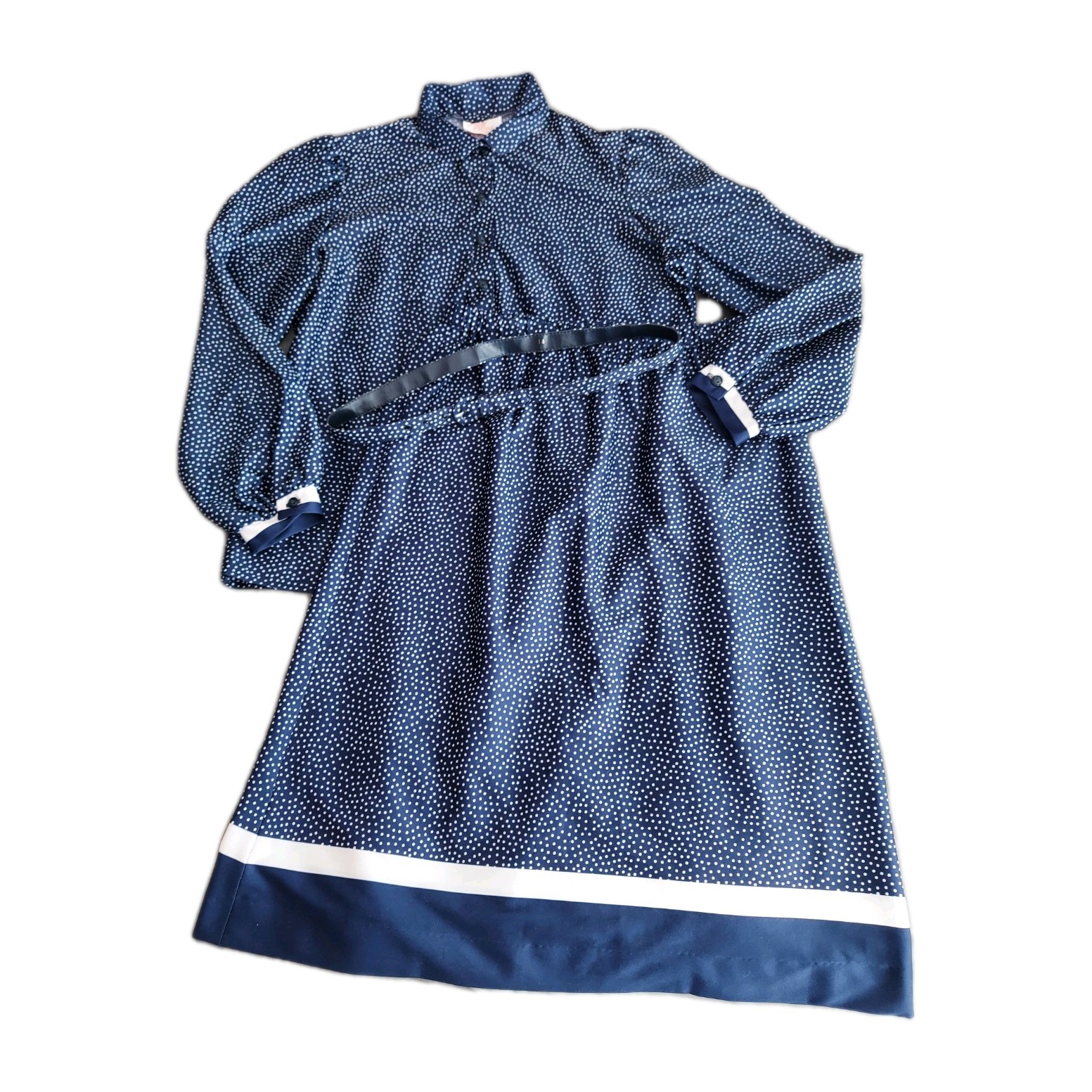 Lady Carol of NY Vintage Skirt Blouse Belt Set Navy White Polka Dot Sz L Approx.