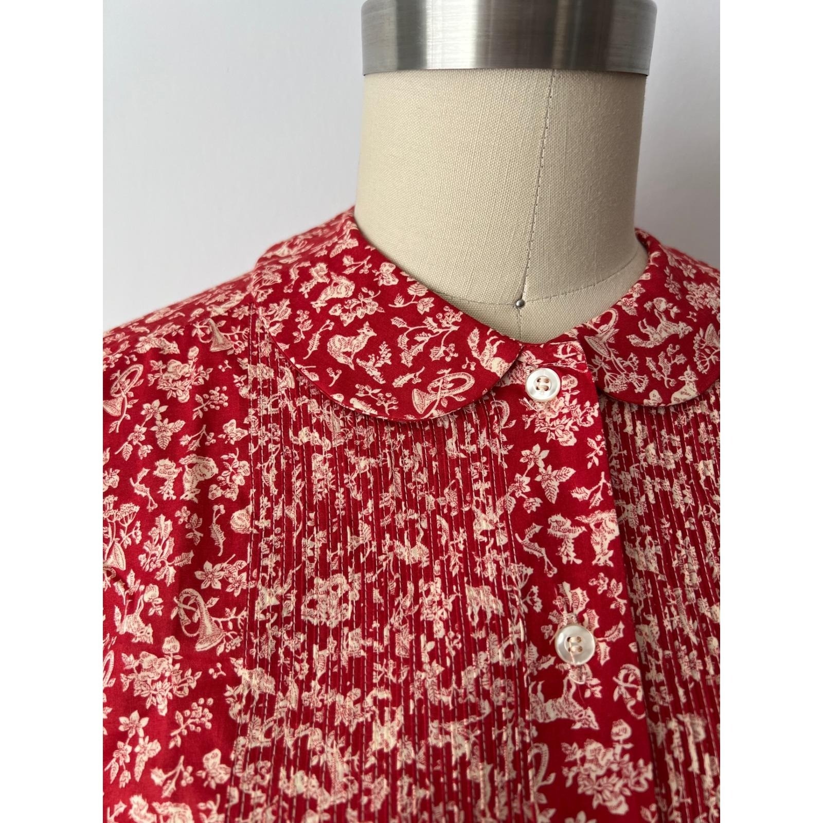 SIZE S Fox Print Toile Blouse, Pintuck Peter Pan Collar Long Sleeve Cotton Shirt