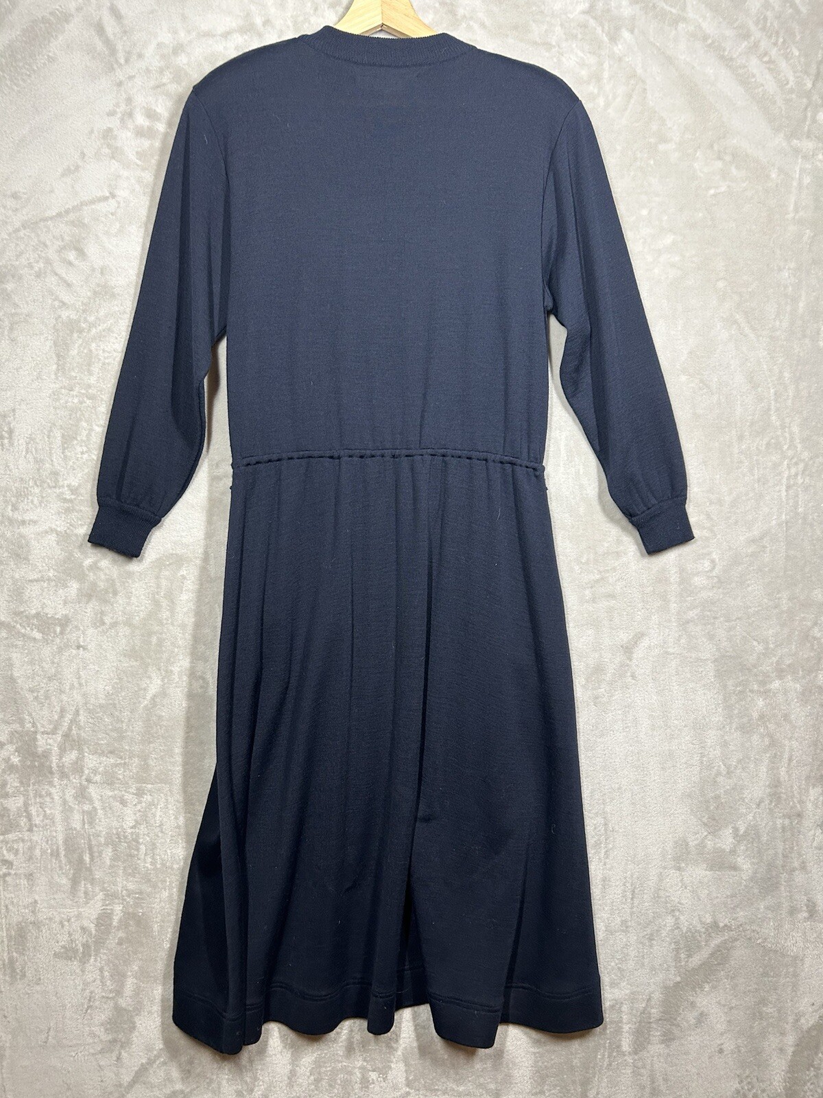 Vintage Schrader Knit Dress Womens 10 Navy Wool Stretch A-Line Midi 1980s City