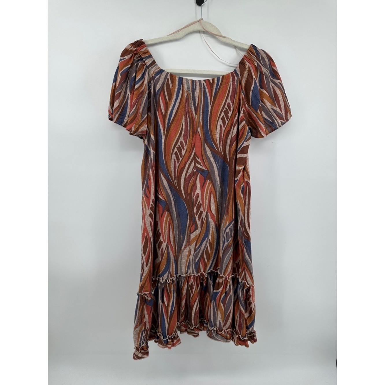 Robbie Bee Cottagecore Boho Coastal Retro Rust Multicolor Wave Print Dress SzL