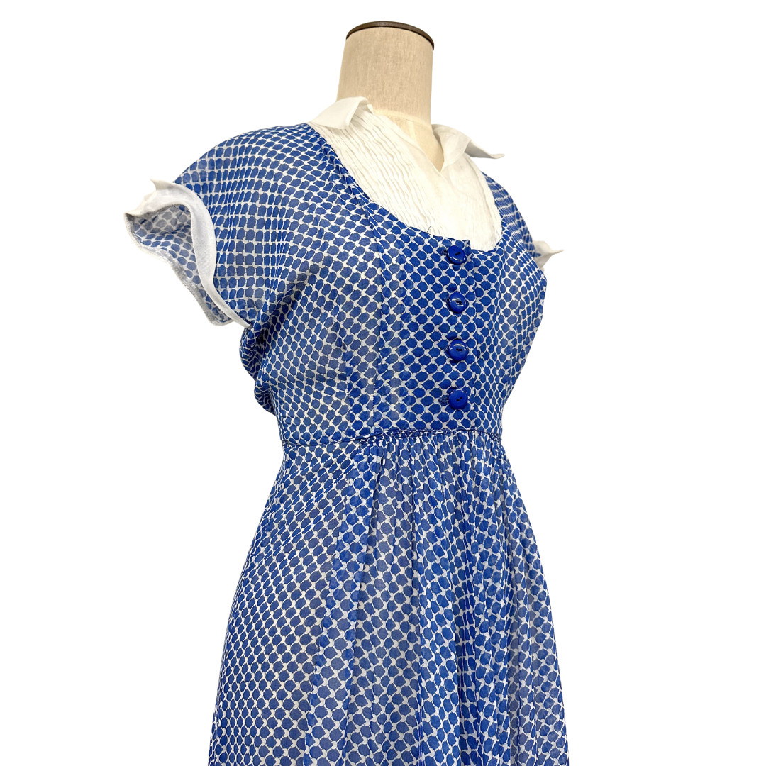 Vintage 1940s Blue & White Printed Semi Sheer A-line Day Dress