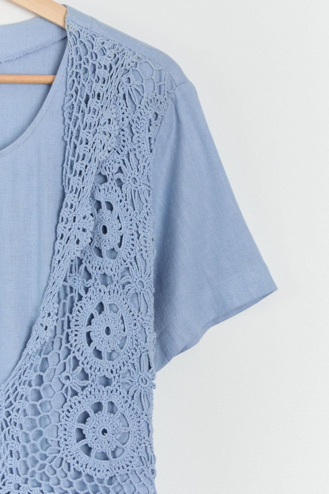 90s Light Blue Crochet Layered Tie Back Dress L