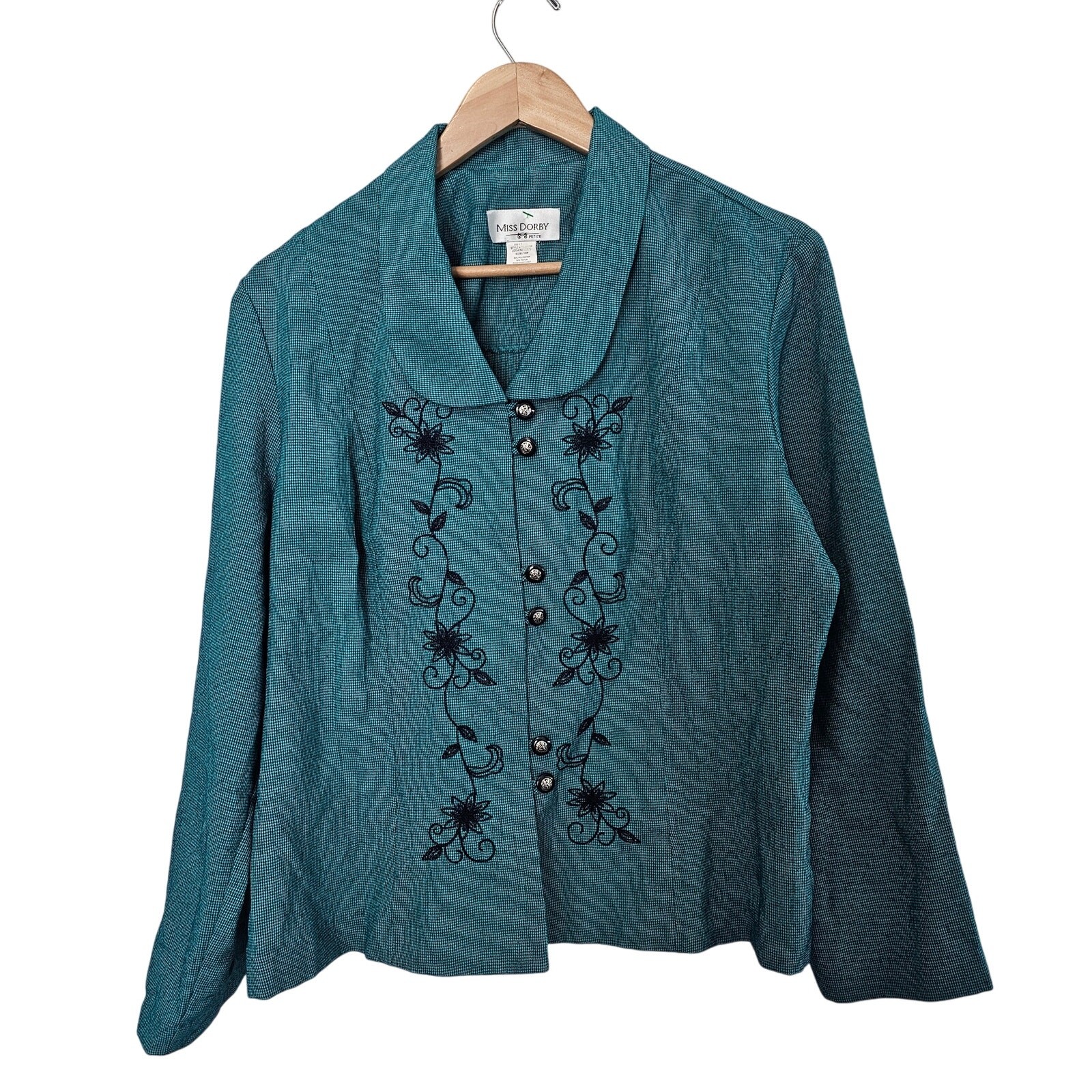 Vintage Miss Dorby Blouse Womens Sz 16P Blue Floral Glam 90s Preppy Academia