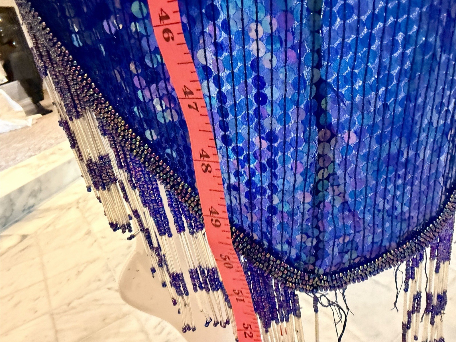 Vintage Laurence Kazar Blue Sequin Beaded Silk Cocktail Dress Fringe Art Deco M