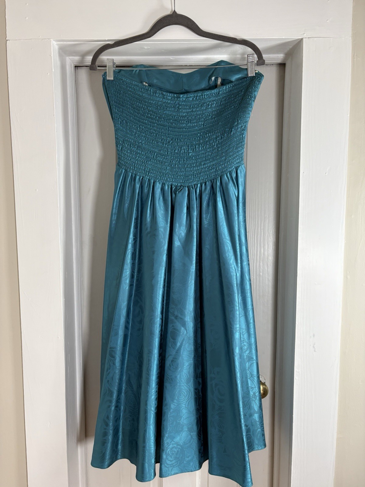 VTG 80s Studio E Teal Floral Brocade Prom Party Dress Strapless Ruched Maxi L