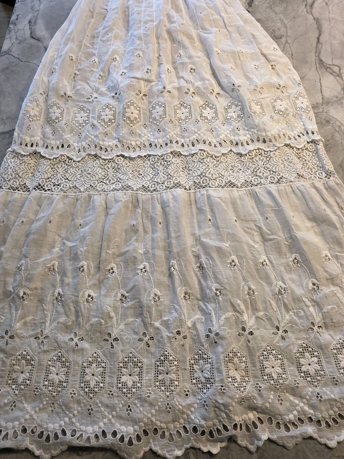 Antique Edwardian White Cotton Lawn Gown Embroidered Eyelet Lace Tea Dress XS