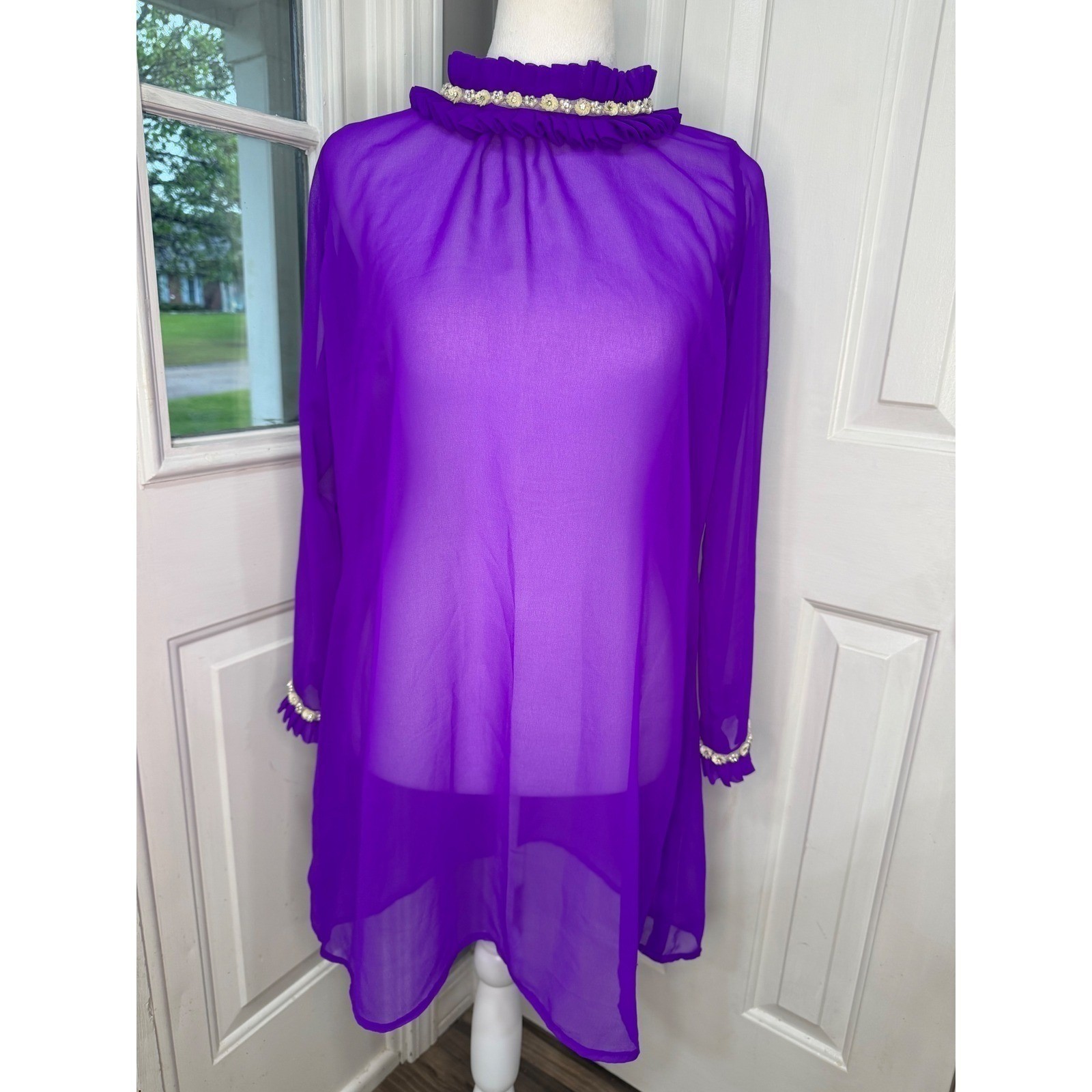 VTG Purple Sheer Chiffon Ruffle Neck Mini Dress Romantic Hollywood Regency S/M